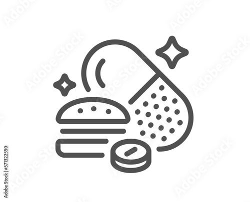 Overeating pills line icon. Food digestion capsule sign. Unhealthy nutrition symbol. Quality design element. Linear style overeating pills icon. Editable stroke. Vector