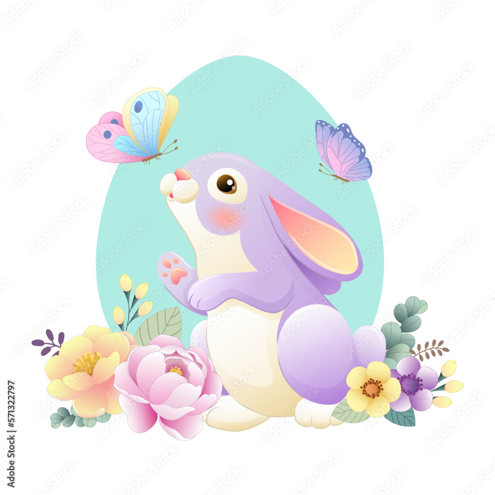 Vector illustration of an Easter bunny and flowers in gentle colors Vector illustration of an Easter bunny and flowers in gentle colors