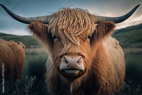 Closeup shot of a cute funny furry highland cattle in a meadow generative ai