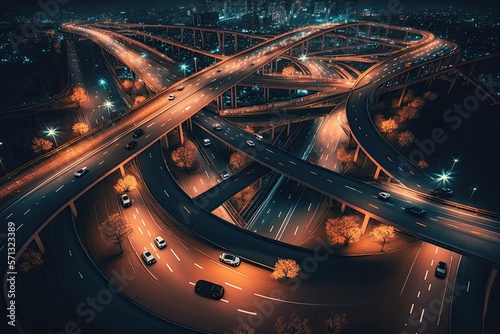 Fotografia Drone Point View of Overpass and City Traffic at Night generative ai