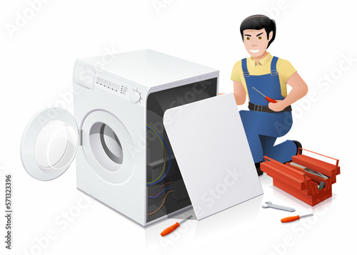 A repairman is doing repairs on a disassembled washing machine