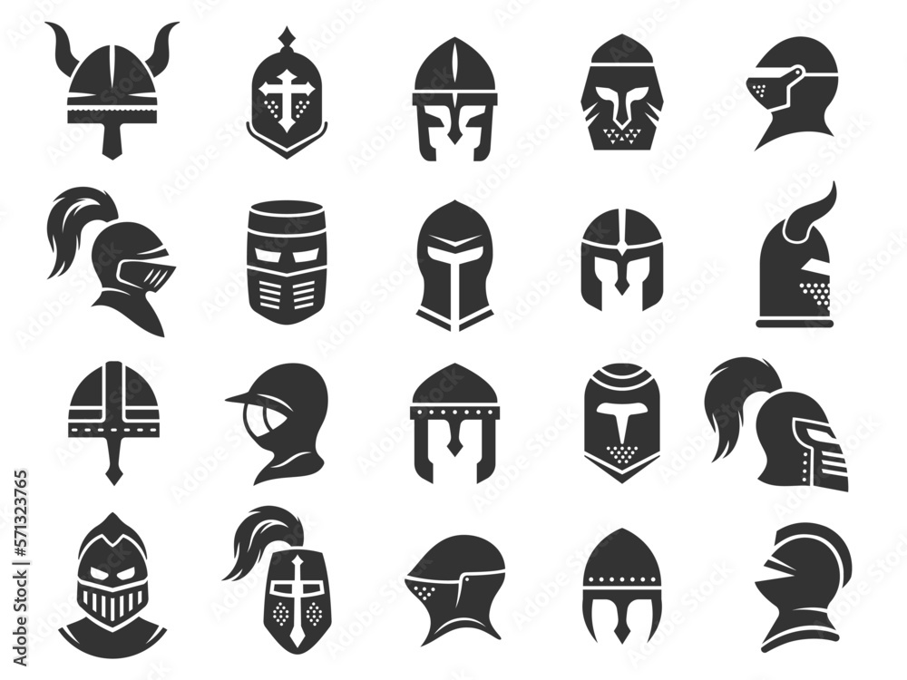 Medieval helmets. Ancient warrior knight head armor with visor plumage, spartan fighter protective elements flat style. Vector isolated collection