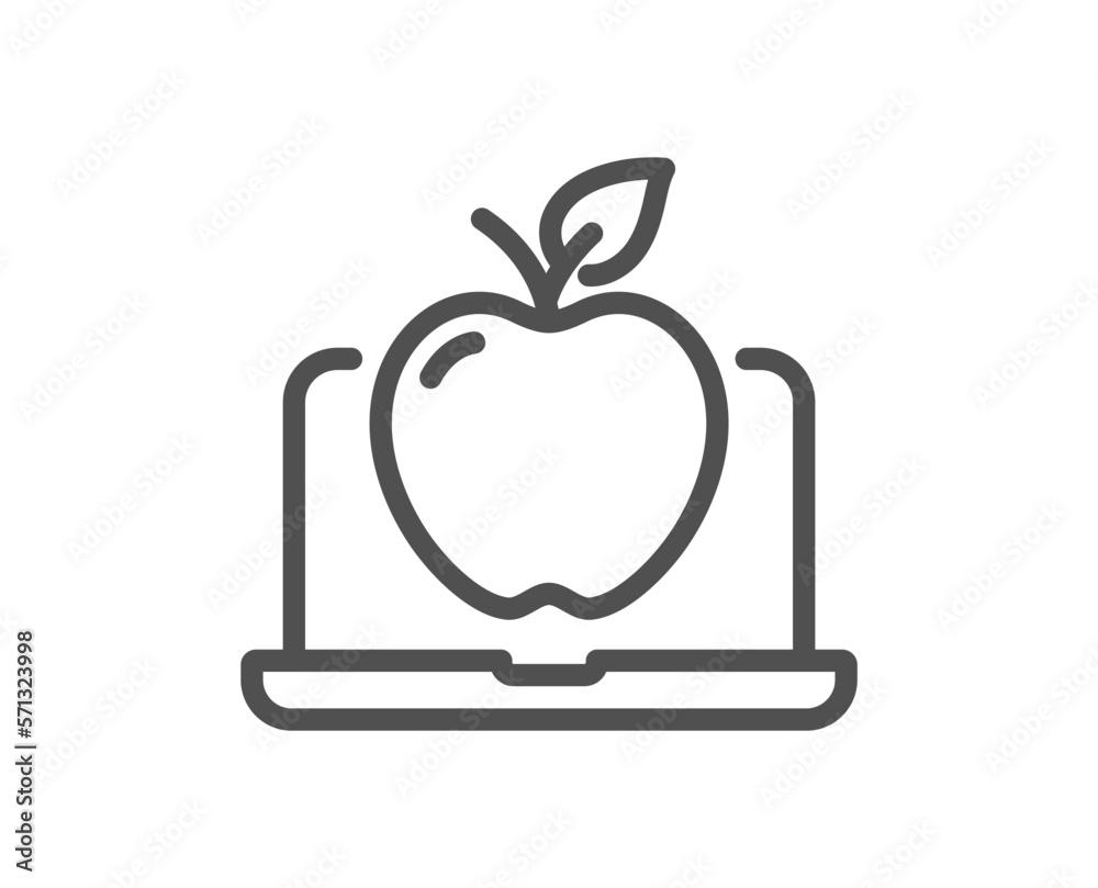 Laptop line icon. Notebook with apple fruit sign. Online diet menu symbol. Quality design element. Linear style laptop icon. Editable stroke. Vector Laptop line icon. Notebook with apple fruit sign. Online diet menu symbol. Quality design element. Linear style laptop icon. Editable stroke. Vector