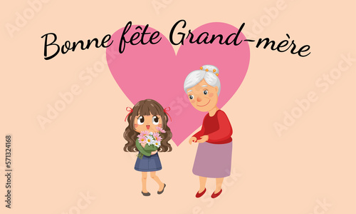 carte ou bandeau pour souhaiter une bonne fête des grands-mères en noir sur un fond rose pâle avec un coeur rose foncé et dessous une grand mère et sa petite fille photo