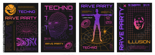 Psychedelic posters. Acid trippy party flyers surreal retro 70s 80s style, funky groovy strange rave strange symbols for banner design. Vector set