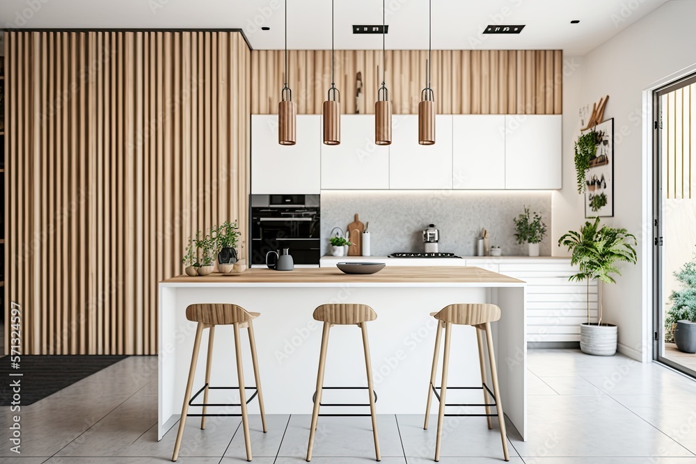 Modern white and wooden kitchen with island and stools on a foreground