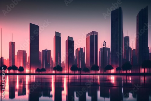 Empty square and city skyline at dusk - generative ai