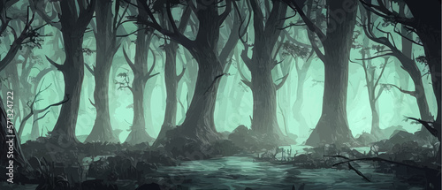 Print Terrifying surreal forest. unreal world. Mysterious Forest, Danger, Fear, Anxiety. Mysterious forest landscape photo