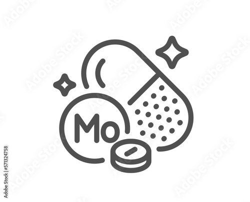 Molybdenum mineral line icon. Chemical element Mo sign. Capsule or pill symbol. Quality design element. Linear style molybdenum mineral icon. Editable stroke. Vector