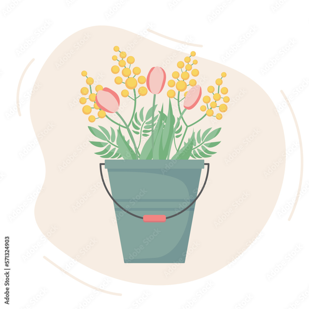 Spring bouquet of mimosas and tulips in a bucket. Cute vector illustration. Flat style. Spring bouquet of mimosas and tulips in a bucket. Cute vector illustration. Flat style.