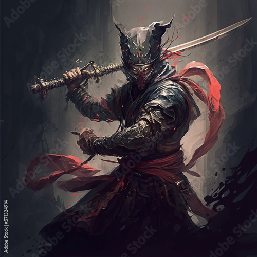 a devil in the pose of ninja taking sword in hands