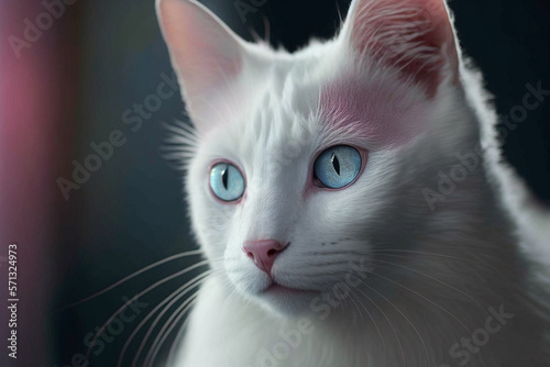 a white cat, with blue eyes, pink palette