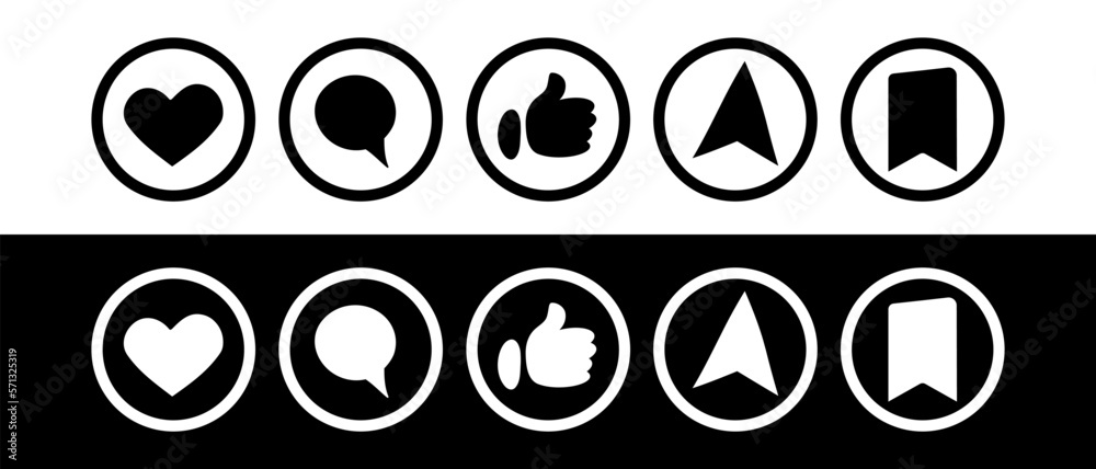 Like, comment, thumbs up, share and save. Modern icons for social media and app. Vector isolated on background. Like, comment, thumbs up, share and save. Modern icons for social media and app. Vector isolated on background.