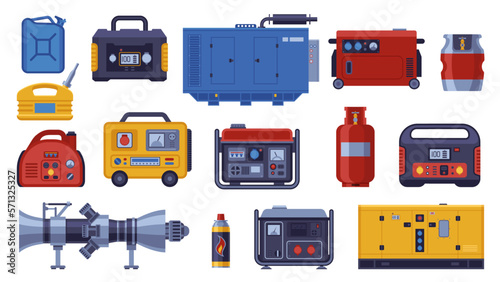 Industrial power generator. Energy generating portable electrical alternator, propane gas cylinder, fuel jerrycans, cartoon diesel backup equipment. Vector set