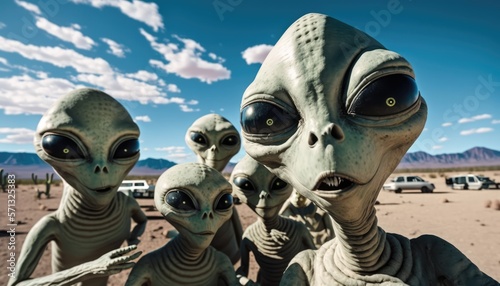 Alien Invasion. Selfie: Group of Area 51 Extraterrestrials in a Fun Pose. Generative ai illustration