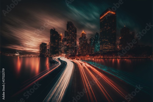 long-exposure photography technique of a city at night with traffic lights. This is a Royalty-free fictitious generative AI artwork that doesn't exist in real life.