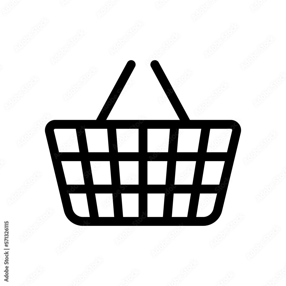 Shopping cart icon. Basket with handles. Black contour linear silhouette. Side view. Editable strokes. Vector simple flat graphic illustration. Isolated object on a white background. Isolate. Shopping cart icon. Basket with handles. Black contour linear silhouette. Side view. Editable strokes. Vector simple flat graphic illustration. Isolated object on a white background. Isolate.