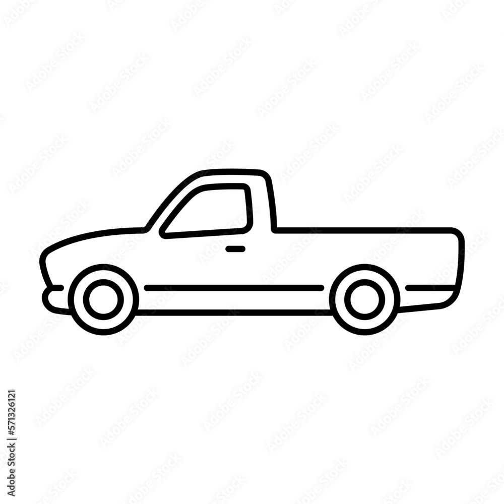 Pickup truck icon. Black contour linear silhouette. Side view. Editable strokes. Vector simple flat graphic illustration. Isolated object on a white background. Isolate. Pickup truck icon. Black contour linear silhouette. Side view. Editable strokes. Vector simple flat graphic illustration. Isolated object on a white background. Isolate.