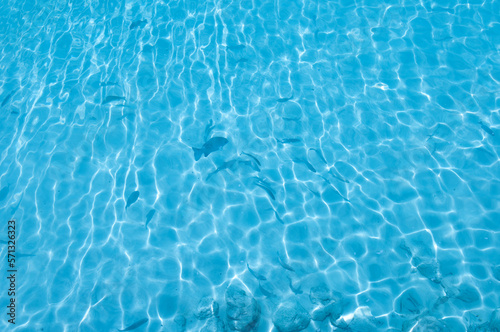 Water background, turquoise shallow sea water. Beautiful texture of sun glare on the water.