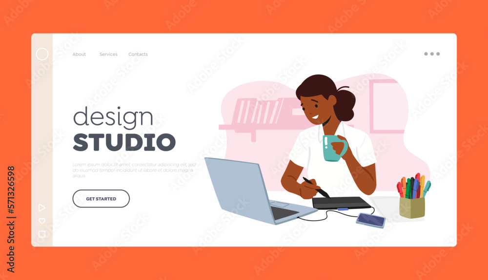 Design Studio Landing Page Template. Young Female Character Graphic Designer Seated At Desk Using Computer Making Sketch