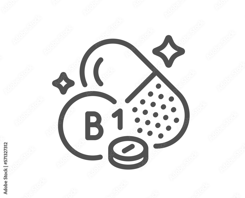 Vitamin B1 line icon. Thiamine food micronutrient sign. Capsule or pill supplement symbol