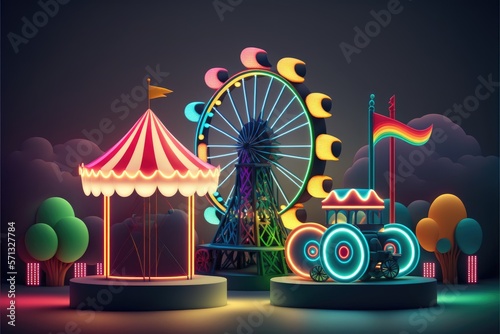 amusement park Funfair and carnival rides generative ai Funtime background with neon lights