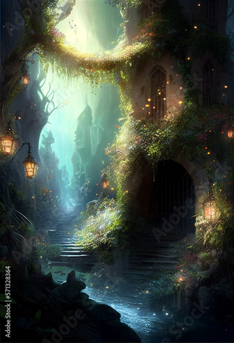 AI Generative Beautiful Fantasy World with Little Magical Lights and a Moss Tree House for Little Elves