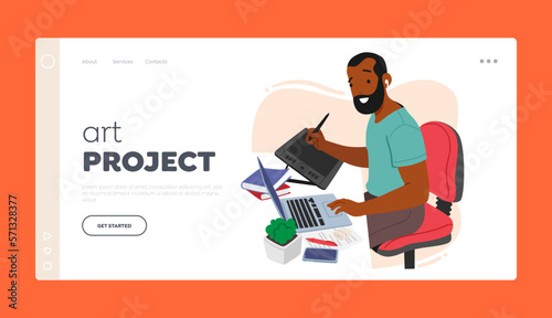 Art Project Landing Page Template. Graphic Designer Male Character Sitting At Desk with Laptop and Tablet Holding Stylus