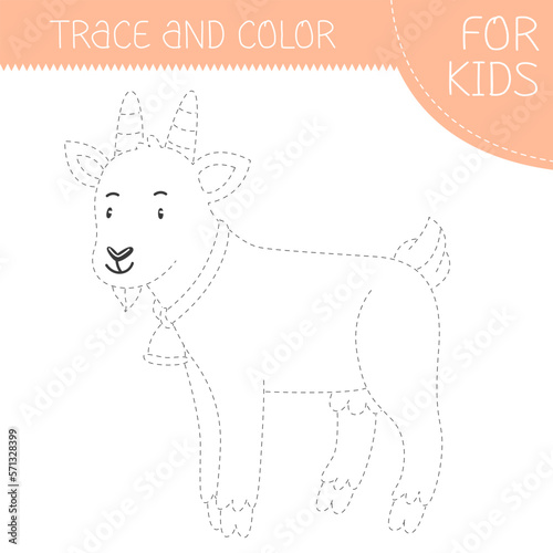 Trace and color coloring book with goat for kids. Coloring page with cartoon goat. Vector square illustration.