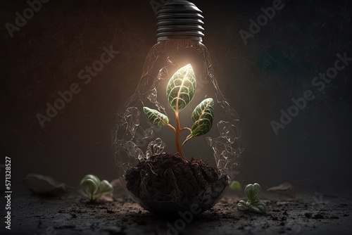  Plants growing into a bulb as a representation of the power of solar light. Creative green ecology concept.. Generative ai 