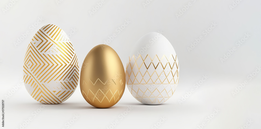 Golden and white Easter eggs of geometric style. Happy Easter greeting card. Holiday concept in minimal style. Generative AI. High quality illustration Golden and white Easter eggs of geometric style. Happy Easter greeting card. Holiday concept in minimal style. Generative AI. High quality illustration