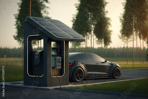 Electric car with solar panels charging station design and futuristic concept. Ai generated © dragomirescu
