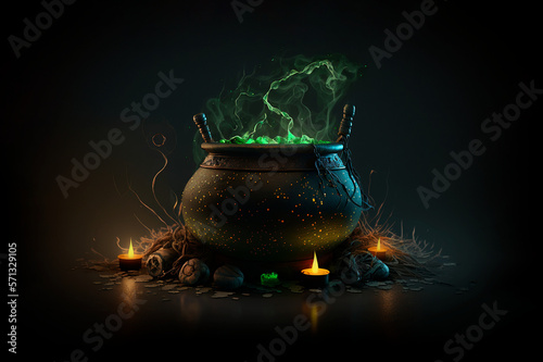 Witch cauldron in a dark room. Generative AI. photo