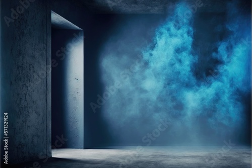 empty blue room with glowing  smoke 