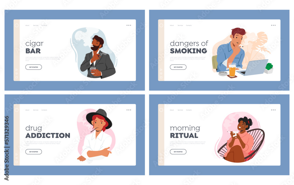 Smoking People Landing Page Template Set. Male Female Characters Inhaling Smoke with Relaxed Expressions