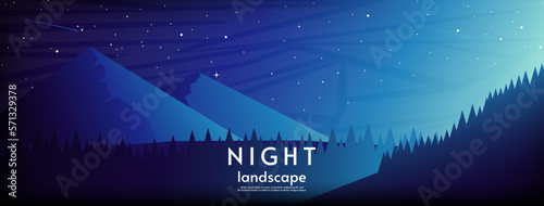 Beautiful night sky with stars. Horizontal landscape with mountains, hills and forest. Vector illustration. Flat style illustration. Design for wallpaper, banner, greeting, touristic card.