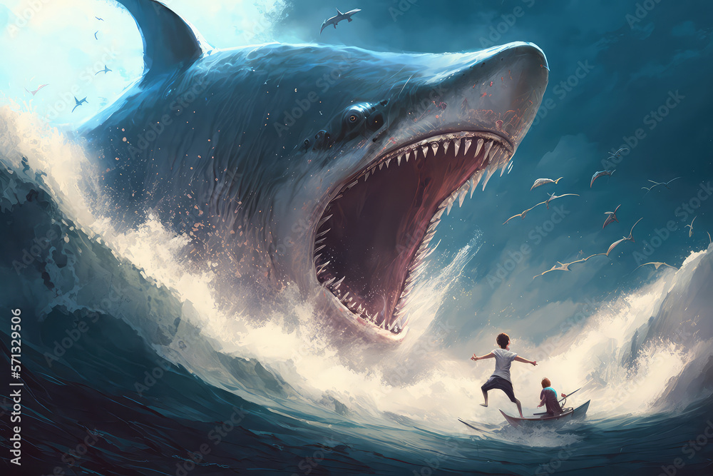 illustration painting of giant shark attacks and kill people in the sea (ai  generated) Stock Illustration
