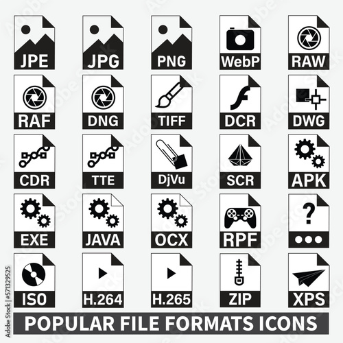 File formats icons vector set. Take your file organization to the next level with this versatile set of file format icons. Covers popular formats for documents, audio, video, and more.
