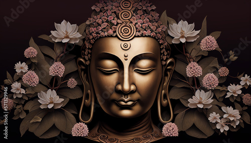 Buddha face surrounded with flowers. Generative AI