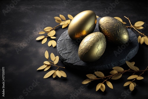 Easter Decoration. Golden Eggs on Dark Shale Background photo