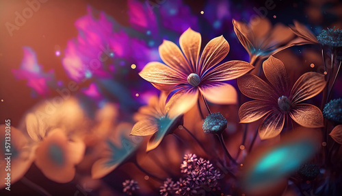 Abstract fantasy wonderland Springs flowers on blurry background, seasoning of floral, composition flat lay with Generative AI.