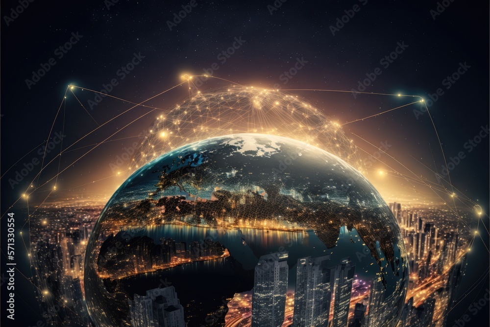 Earth globe with Modern city with a wireless network connection and cityscape generative ai concept.Wireless network and Connection technology concept with city background at night