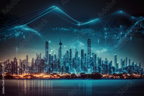 Smart city and big data connection technology concept digital blue wave wireless data transmission.Night city image.Created with AI.