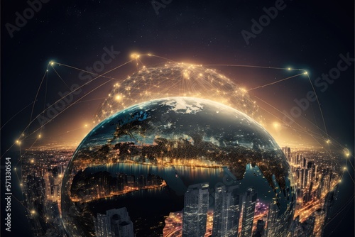 Earth globe with Modern city with a wireless network connection and cityscape generative ai concept.Wireless network and Connection technology concept with city background at night