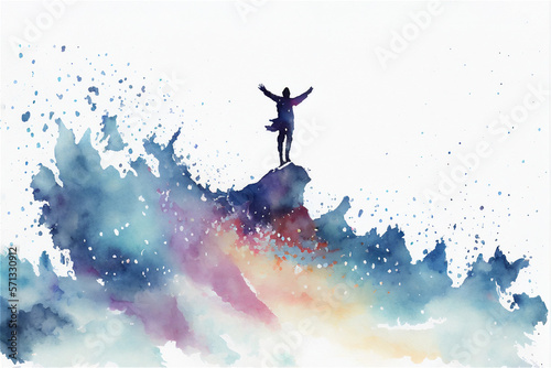 AI Generated Watercolor Silhouette of a Man on Sea Waves