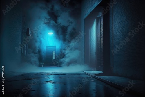 an empty dark scene of a smokey dark empty street alley in the light of neon and spotlights with smoke float up generative ai illustration   © Ecleposs