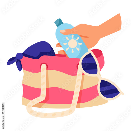 Hand Taking Sunscreen Lotion Bottle from Bag for Skin Protection and UV Rays Blocking Vector Illustration