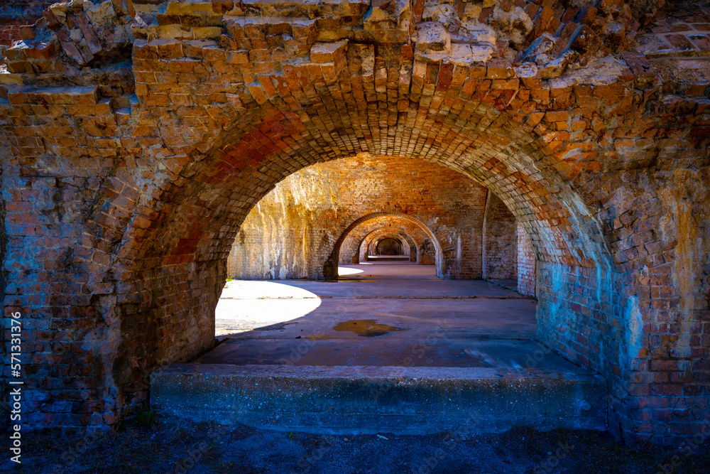 Fort Pickens Historic Arches, landmark ruins of red brick structures for sightseeing and tourist destination in Pensacola, Florida, USA