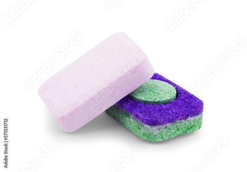 Dishwasher tablets on white background