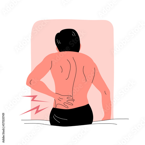 A man with back pain sits on a bed. Symptom of the disease. Body care and health. Flat vector illustration isolated on white background